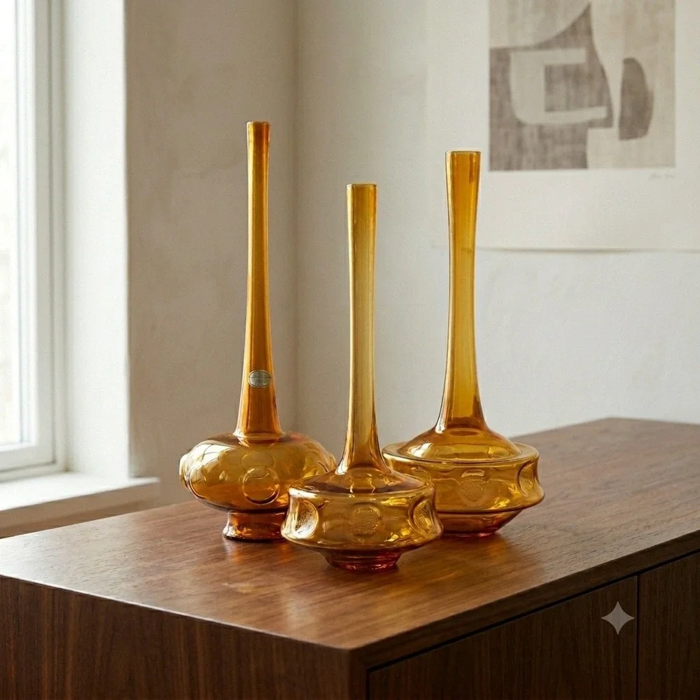 Vintage Lauscha Atomic MCM Amber Art Glass Bud Vase Trio Germany Set of 3